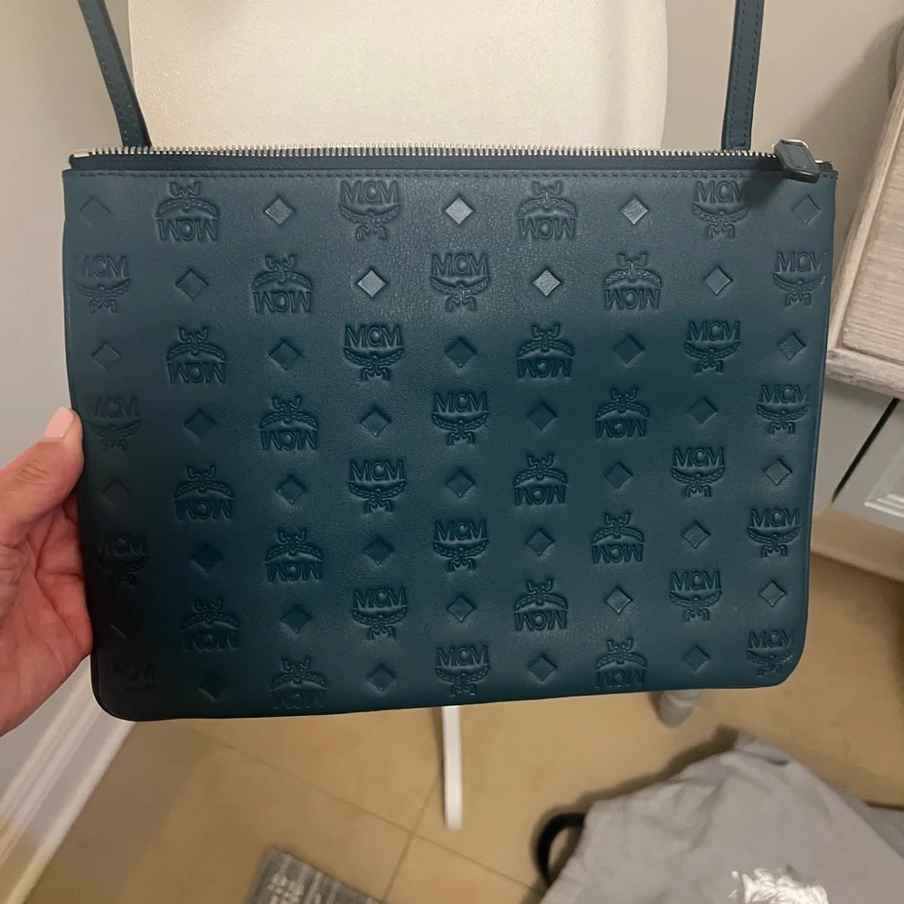 MCM Teal Embossed Leather Messenger Bag - Picture 1 of 6